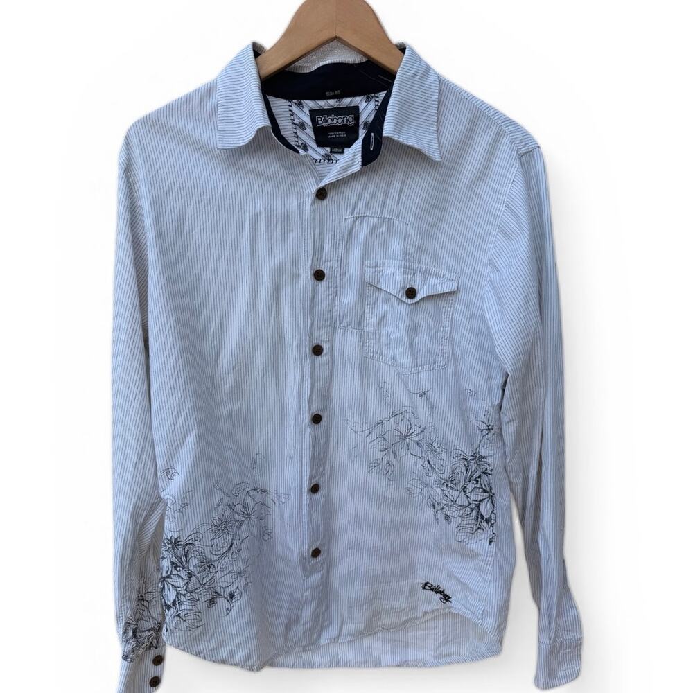 Billabong White Dress Shirts Slim Fit Button Down Shirt Mens Med Striped Graphic